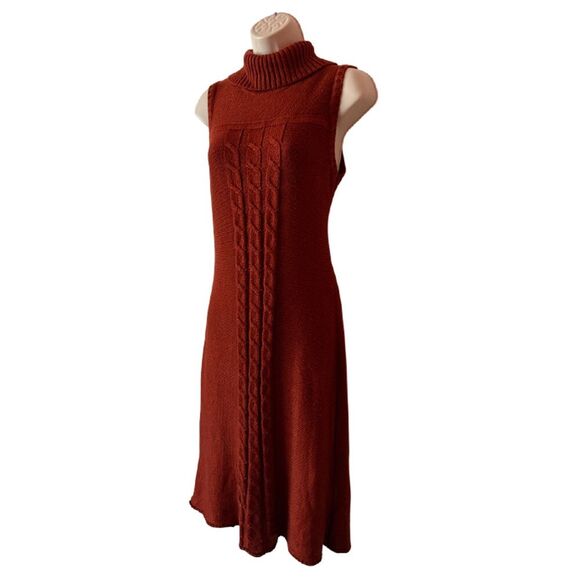 Calvin Klein Rust Orange Sleeveless Turtleneck Cable Knit Sweater Dress Size S/M - Picture 4 of 11